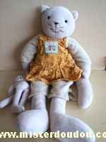 Doudou Chat Moulin roty Gris avec robe orange à fleurs Maman avec bébé chat

