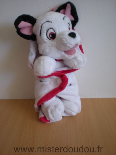 Doudou Chien Disney Dalmatien blanc avec sa couverture blanc rouge 