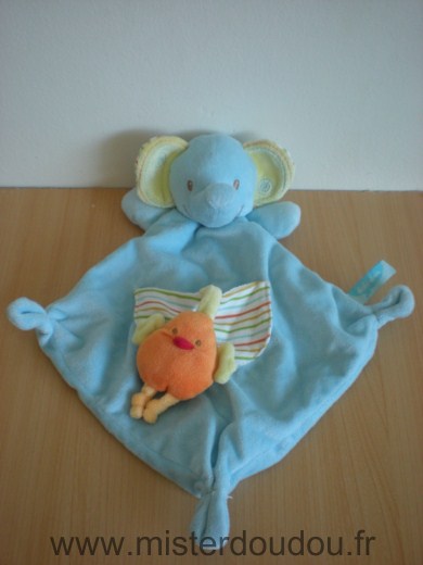 Doudou Eléphant Bébérêve Bleu poche avec oiseau orange 