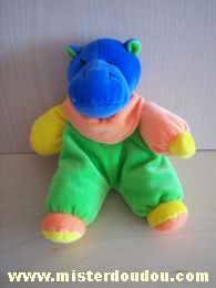 Doudou Hippopotame - marque non connue - Bleu vert orange jaune Etiquette coupée
