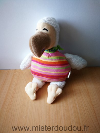 Doudou Oiseau Wally plush Blanc rayures orange rose jaune foulard vert bebe dodu dodo 