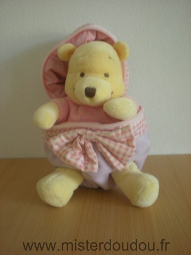 Doudou Ours Disney Winnie the pooh jaune rose dans sa pochette oeuf rose 