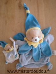 Doudou Ours Doudou et compagnie Bleu blanc jaune Maman ours + bébé ours attache tétine