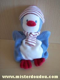 Doudou Pingouin Sucre d orge Bleu blanc rouge Il a une petite poche sur le ventre avec une attache sucette dedant