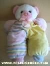 Ours-Carrefour-france-Jaune-rose-raye-tete-blanche-en-peluche