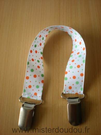 1 attache doudou Ruban Blanc points orange vert - Neuf