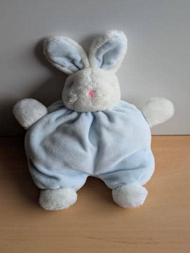 Baby baby Lapin Bleu tete en peluche blanche nez rose - Très bon état