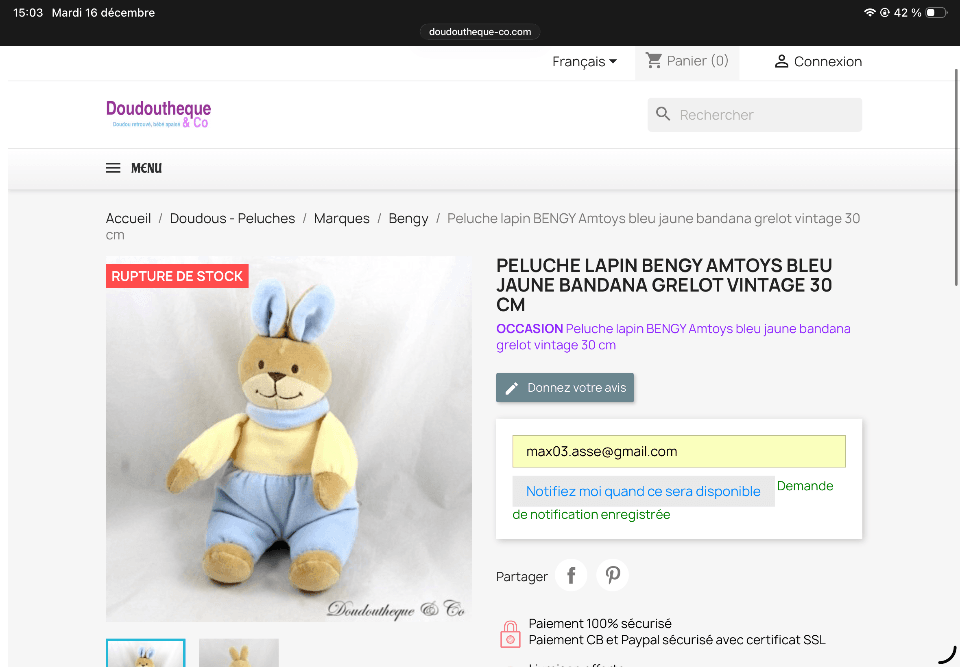 Recherche du doudou 5581 Lapin Bengy Amtoys