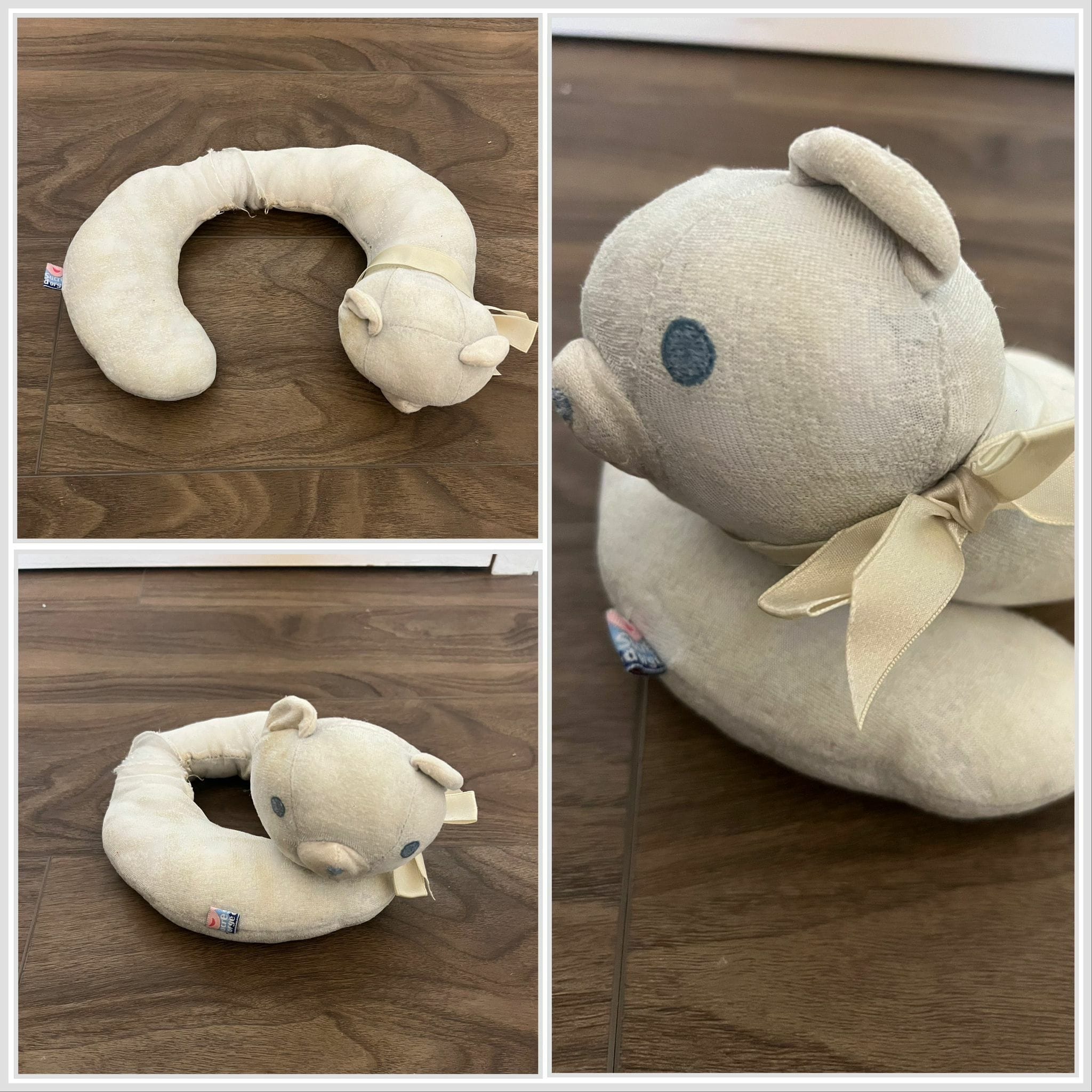 Recherche doudou d’enfance ours bleu ciel sucre d’orge en tour de cou