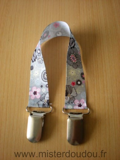 Ruban Gris rose motifs fleurs 1 attache doudou