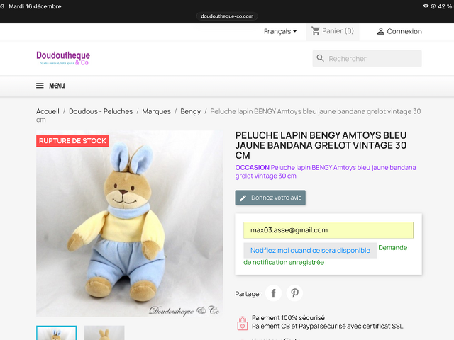Recherche du doudou 5581 Lapin Bengy Amtoys