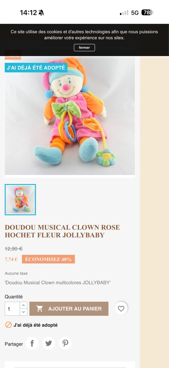 Doudou clown musical jollybaby 34cm