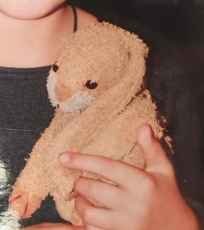 Doudou Lapin marron avec une longue oreille manquante
