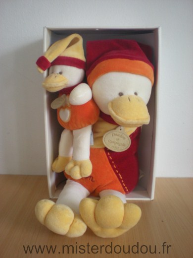 Doudou et compagnie Canard Gédéon avec bébé canard rouge orange jaune - Neuf