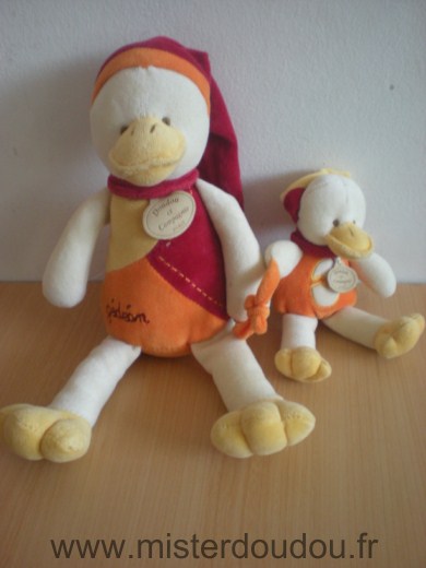 Doudou et compagnie Canard Gédéon jaune orange rouge avec son bébé - Très bon état