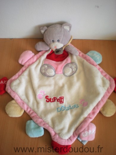 Baby nat Chat Blanc rose rouge gris super doudou - Très bon état