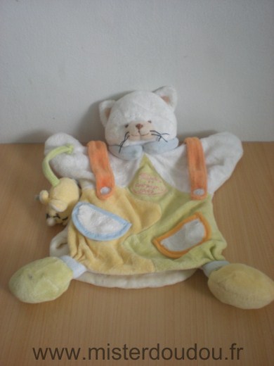 Doudou et compagnie Chat Blanc jaune vert avec petite souris jaune accrochée à la patte - Très bon état