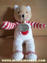 Doudou et compagnie Chat Ecru avec bras rayés blanc et rouge - Très bon état