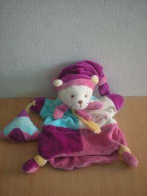 Doudou et compagnie Chat Violet bleu blanc rose - Très bon état