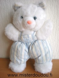 Tartine et chocolat Chat Peluche blanche salopette rayée bleu blanc yeux bleus - Très bon état