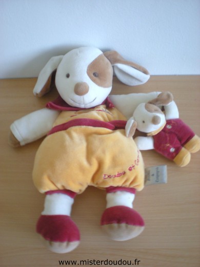 Doudou et compagnie Chien Orange rouge blanc avec bébé chien - Très bon état