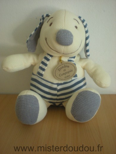 Doudou et compagnie Chien écru salopette rayée bleu blanc - Très bon état
