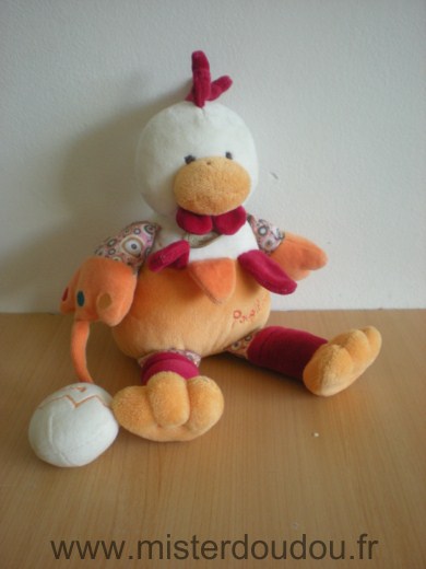 Doudou et compagnie Coq Poupilou orange blanc rouge oeuf gling - Très bon état