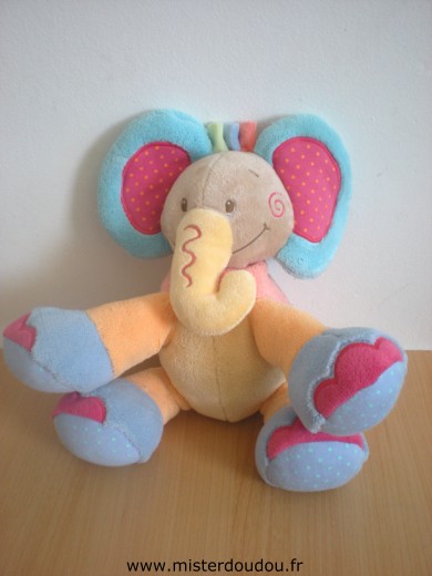 Nattou Eléphant Orange jeune bleu rouge vert avec un palmier sur le coté - Très bon état