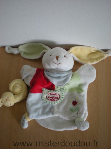Doudou et compagnie Lapin Barnabe le petit jardinier blanc rouge bleu vert escargot - Très bon état