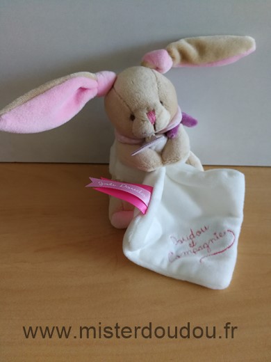 Doudou et compagnie Lapin Beige rose mouchoir blanc joli doudou - Très bon état