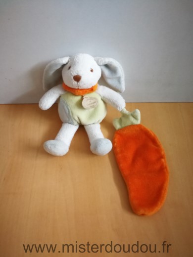 Doudou et compagnie Lapin Blanc bleu vert tenant carotte - Très bon état