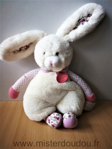 Doudou et compagnie Lapin Blanc rose fleurs choupidoux - Très bon état