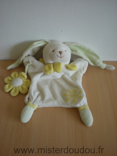 Doudou et compagnie Lapin Blanc vert fleur jaune - Très bon état