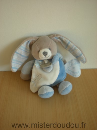 Doudou et compagnie Lapin Bleu beige blanc oreilles rayees - Très bon état