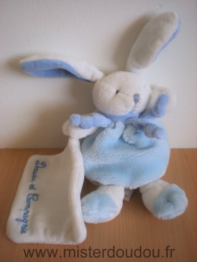 Doudou et compagnie Lapin Bleu blanc mouchoir blanc - Très bon état