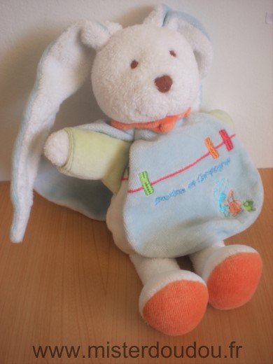 Doudou et compagnie Lapin Bleu blanc vert cape bleue - Très bon état