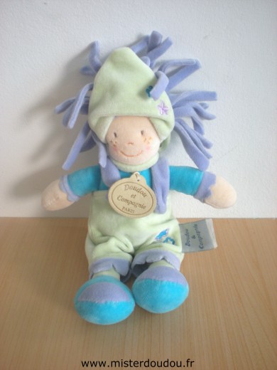 Doudou et compagnie Lapin Bleu vert mauve - Très bon état