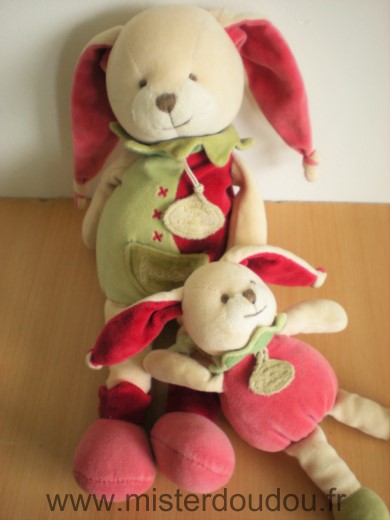 Doudou et compagnie Lapin Fraise et son bebe vert rouge rose - Très bon état