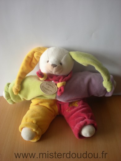 Doudou et compagnie Lapin Lapinou mauve vert jaune rouge - Très bon état