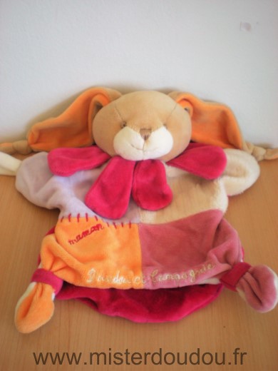 Doudou et compagnie Lapin Maman mauve vert orange rose fushia - Très bon état