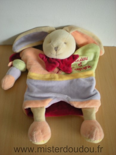 Doudou et compagnie Lapin Orange vert mauve chenille - Très bon état