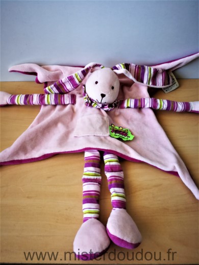 Doudou et compagnie Lapin Rose fushia bras jambes rayes doudou tatoo - Très bon état