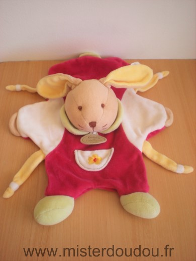 Doudou et compagnie Lapin Rouge blanc fleur jaune - Très bon état