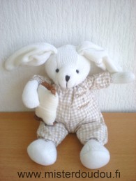 Doudou et compagnie Lapin Tricot blanc tissus vichy marron coussin beige - Très bon état