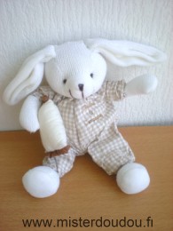 Doudou et compagnie Lapin Tricot blanc tissus vichy marron coussin beige - Très bon état