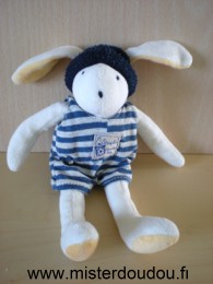 Moulin roty Lapin Blanc jaune bonnet bleu tenue rayée gris bleu - Bon état