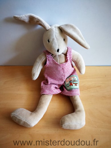 Moulin roty Lapin Sylvain beige salopette rayee rouge blanc - Très bon état