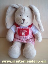 Nicotoy Lapin Beige robe rayée rouge blanc ecrit : mon doudou porte bonheur - Très bon état