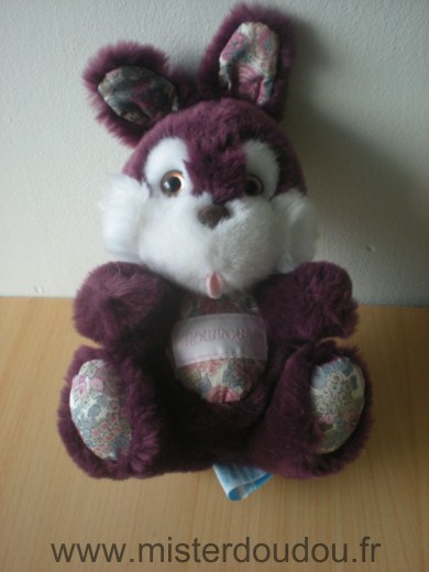 Nounours Lapin Peluche mauve blanche tissus fleurs - Très bon état