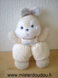 Nounours Lapin Peluche rose blanc salopette tissus rose points bleus - Bon état